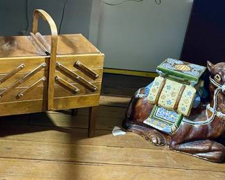 WOOD SEWING BOX, CERAMIC CAMEL STOOL