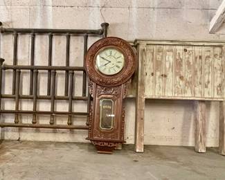 FULL SIZE BRASS HEADBOARD, REGULATOR WALL CLOCK, SHABBY CHIC TWIN BED HEADBOARD/FOOTBOARD