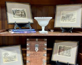 VINTAGE FRAMED PRINTS, MILK GLASS