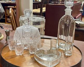 WHISKEY BARREL LAZY SUSAN,CUT CRYSTAL DECANTER WITH GLASSES, GLASS DECANTER LUIGI BORMIOLI, WATERFORD HEART DISH
