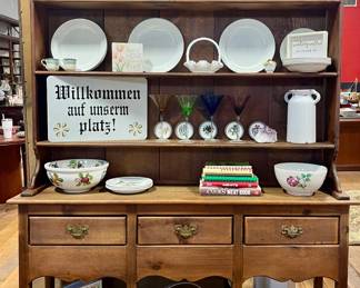 ANTIQUE HUTCH, PORTMEIRION POMONA DISHWARE, MCM BARWARE