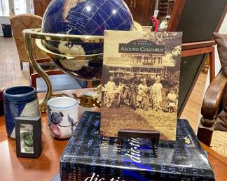 AROUND COLUMBUS BOOK, LARGE STONE INLAID WORLD GLOBE WITH BRASS STAND