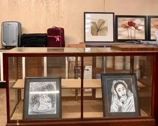 ANTIQUE GENERAL STORE GLASS DISPLAY CABINET, KRAUSE CHILDREN’S CENTER ORIGINAL CHARCOAL DRAWINGS