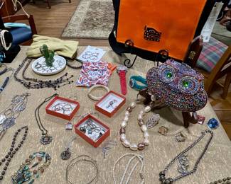 MORE COSTUME JEWELRY, DRACO TEXTILE BAG, PRECIOUS BEJEWELED OWL PURSE