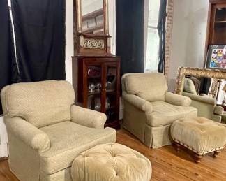 SWIVEL ARM CHAIRS, TUFTED STOOLS