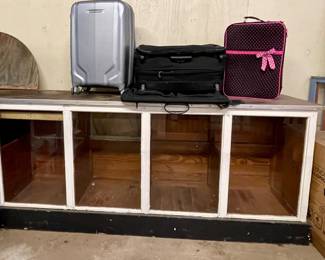 LUGGAGE, ANTIQUE HARDWARE STORE CABINET