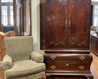 UPHOLSTERED ARM CHAIR, CENTURY FURNITURE CHIPPENDALE STYLE ARMOIRE