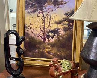 FRAMED PAINTING BY BRITAIN, AFRICAN CARVED SCULPTURE