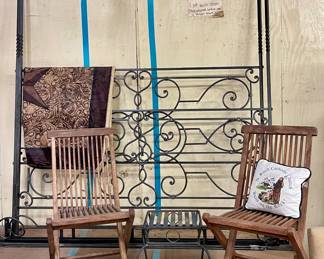 VINTAGE FOLDING WOOD CHAIRS, KING SIZE WROUGHT IRON HEADBOARD/FOOTBOARD