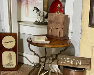 CLOCK, METAL/WOOD ACCENT TABLE, WESTERN DECOR, SKULL MOUNT, TIN PUNCH TRASHCAN