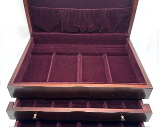 Large Solid Wood Velvet Lined Jewelry Box With Divided Drawers & Necklace Hooks Lot #: 37