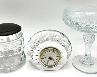 Vintage Cut Crystal Desk Clock, Indiana Glass Pedestal Candy Bowl & R... Beer Stein Lot #: 60