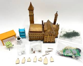 Dollhouse Miniatures: Hardware For Lamp, Furniture, Kitchen Utencils & Remnant Of A Model Castle Lot #: 131