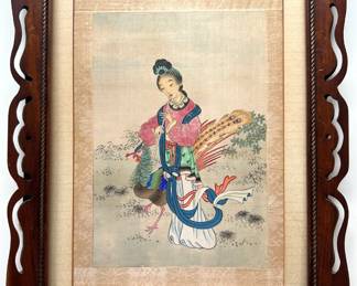 Antique Chinese Painting On Silk, Woman Flute Player With Bird Lot #: 27
