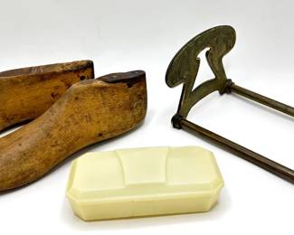 Antique Art Nouveau Twin Maidens Expanding Book Rack, Wood Shoe Forms & Vintage Fuller Table Sweeper Lot #: 90