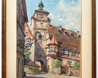 Hans Bohme (Germany B1905) Original Watercolor Painting Of The White Tower In Rothenburg Ob Der Tauber, German Lot #: 4