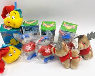 7 Vintage Disney Mcdonalds Christmas Ornaments: Little Mermaid Flounder, Resucuers Bernard & Reindeer, 4 With Lot #: 125