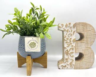 Faux Plant In Ceramic Bowl On Wood Base & Carved Wood Letter B Lot #: 132