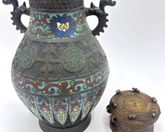 Antique Chinese Champleve Cloisonne Bronze Vase With Dragon Handles & Antique Chinese Drum With Mallet Lot #: 28