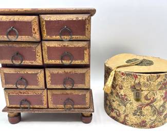 Small Wood Apothecary Cabinet Chest & Fabric Covered Trinket Box With Filligree Detail Lot #: 57