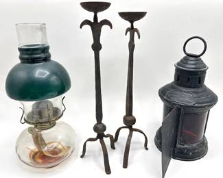 Gray Aldrich Co Nautical Signal Lantern, Kerosene Oil Lamp & Pair Cast Iron Brutalist Candlesticks Lot #: 58