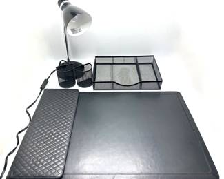 Levenger Desk Mat With Card Holders, Gooseneck Table Lamp & New Metal Office Supply Tray With 2 Pen Baskets Lot #: 117