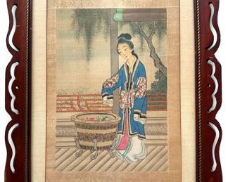 Antique Chinese Painting On Silk, Woman With Fish Bowl Lot #: 26