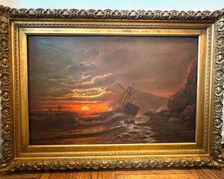 Vintage Original Oil Painting Of Shipwreck In Ornate Frame Lot #: 40