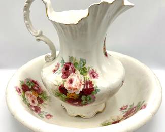 Vintage Victorian The Goodwin Pottery Company Semi-porcelain Pitcher & Wash Basin With Gold Accents Lot #: 42