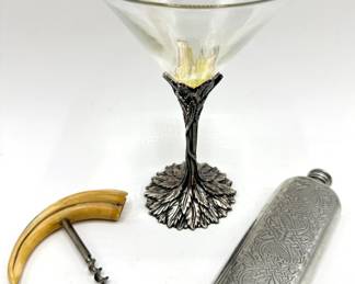 Vintage Celtic Pewter Flask, Grey Goose Martini Glass & Horn Cork Screw Lot #: 64