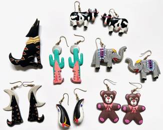 6 Painted Wood Earrings, 1 With Matching Pin: Cows, Wolves, Elephants, Teddy Bears, Penguins & Cacti Lot #: 96