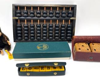 Vintage Wood Abacus, Steiff Jocko Chimpanzee Stuffie, Levenger Crossword Dice & Large Dice In Leather Case Lot #: 36