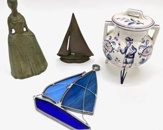 Portuguese Vestal Alcobaca Jar, Brass Bell In Shape Of Woman, Brass Sailboat & Stained Glass Sailboat Lot #: 116