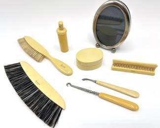 Antique 7 Piece French Art Deco Celluoid Vanity Set, Patented In 1910 & 1911 & Silver Plate Mirror Lot #: 85