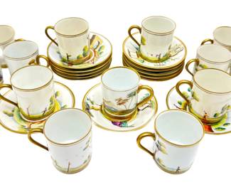 Full Set Antique French Hand Painted Demitasse Cups & Saucers, With Gold Accents, Each Unique Lot #: 41
