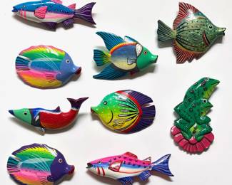 4 Large Painted Jewelry Wood Pins & 3 Matching Earrings: Tropical Birds & Fish Lot #: 94