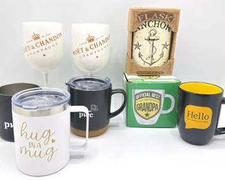 New In Box Stainless Steel Flask, 5 New Coffee Mugs & Pair Plastic Champagne Glasses Lot #: 130