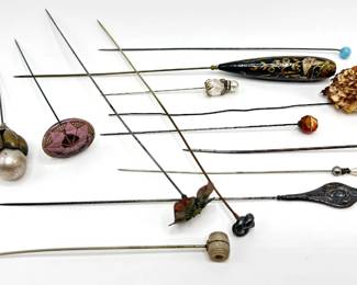 13 Antique & Vintage Hat Pins Including Art Deco Glass & Hand Painted Wood Lot #: 91