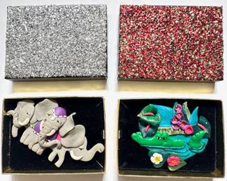 2 Hand Made Clay Whimsical Pins: Elephants & Happy Crocidile Lot #: 104
