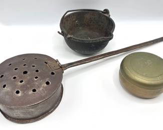 Antique Copper Bed Warmer, Antique Cast Iron Cauldron & Brass Covered Trinket Bowl Lot #: 54