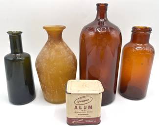 3 Vintage Apothecary Glass Bottles: Oxol, Sparklene & More, Purepac Alum Canister & Frosted Gass Bottle Lot #: 47