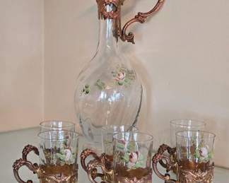Art Nuevo Hand Painted and brass decanter and glasses