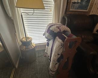 Quilt Rack, Afghans, Brass Milk Jug Lamp