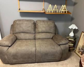 Leather Love Seat, Stacked Books Side Table 