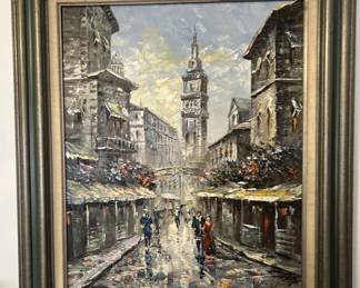 Impressionist or Post Impressionist Painting of a European Street scene by Velosi.   Valued at $250 selling for $100.