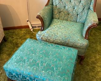 Vintage brocade armchair and vintage ottoman 