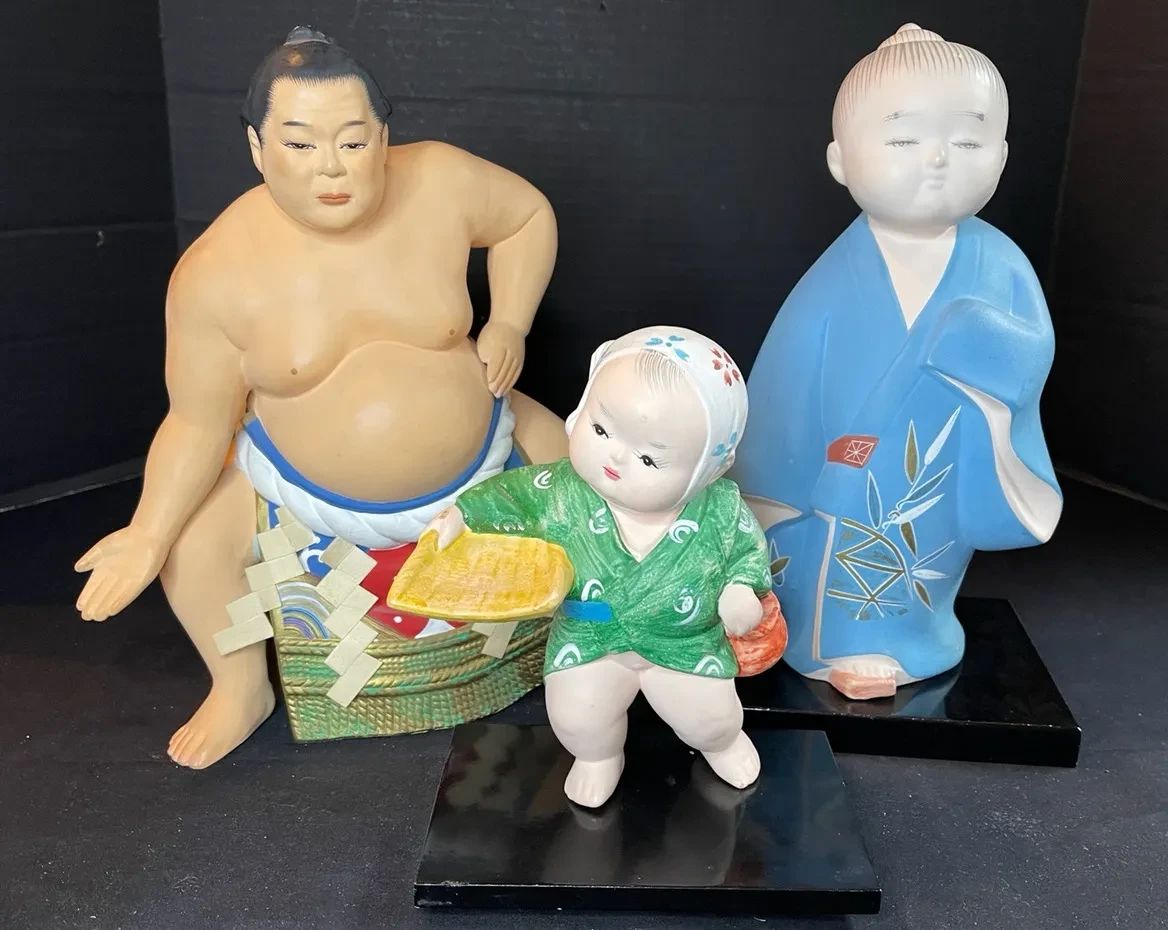 2 Large and 1 Small Hand Painted Japanese Hakata Dolls