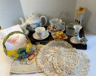 Tea Serving Board With Teapot Teacups And Saucers Napkin Rings And More