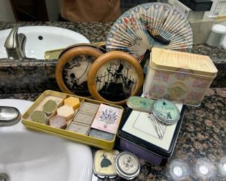 Vintage Compact Mirrors With Collectible Tins And Bathroom Soaps