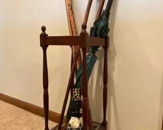 Four Vintage Wooden CanesWalking Sticks Umbrellas And Stand